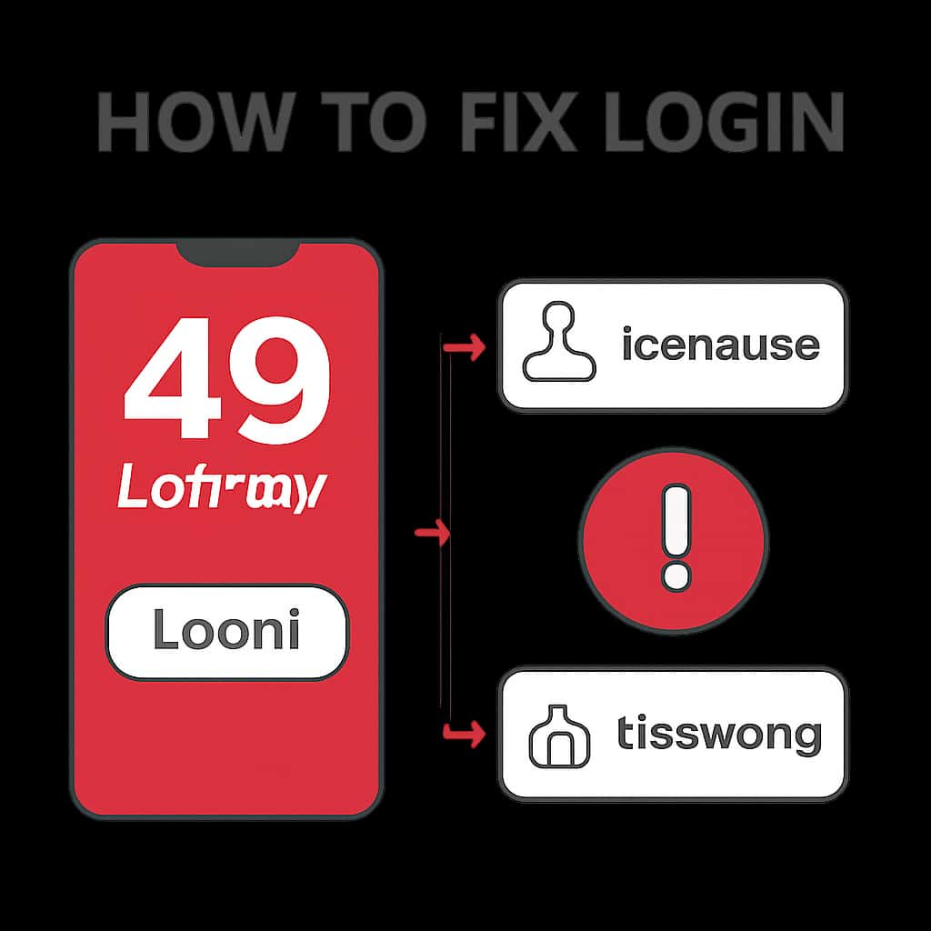 Illustration detailing troubleshooting steps for 49 Lottery login issues.